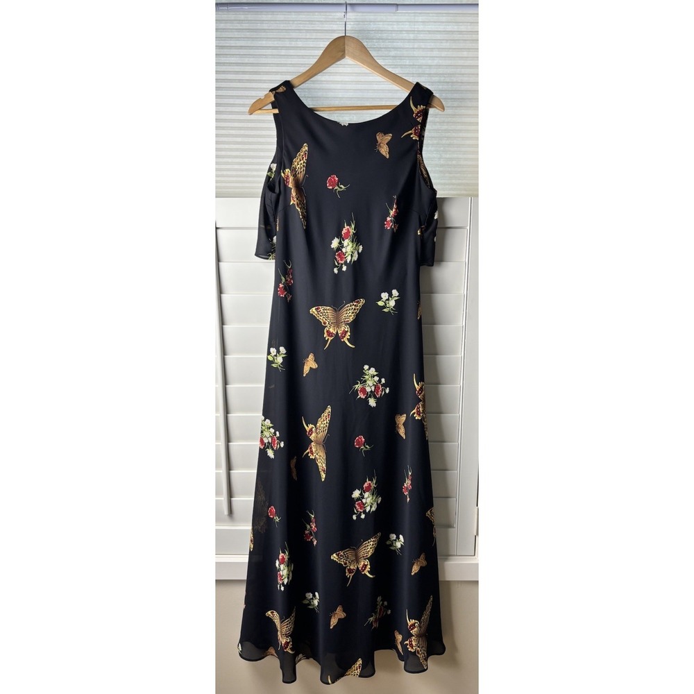 Vintage Sleeveless A-Line Maxi Capelet Back Overlay Butterfly Print Dress Sz 14